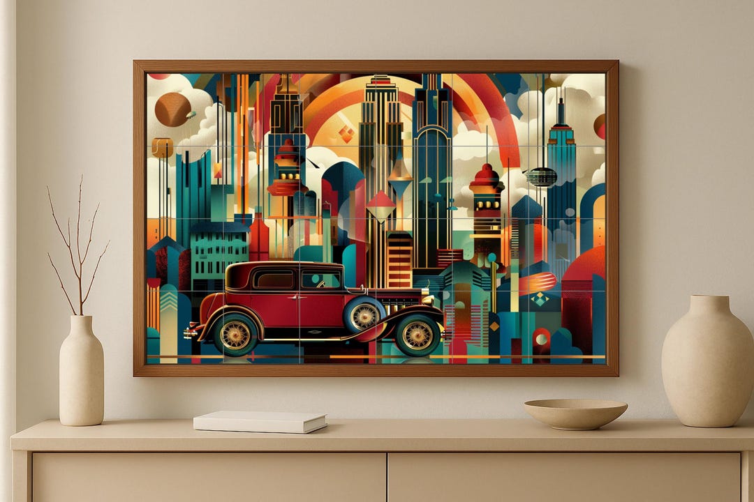 New York Art Deco Mural • Gatsby Skyline Tile Wall Art • Roaring