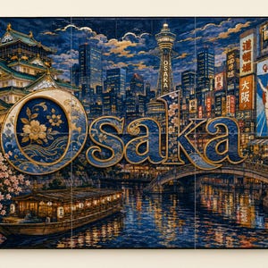 May include: A rectangular wall art print featuring a nighttime cityscape of Osaka, Japan. The image displays Osaka Castle, the Tsutenkaku Tower, and the Glico Man sign. The word "Osaka" is written in large, ornate, blue and gold lettering.