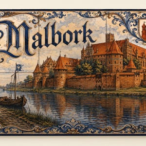 May include: A decorative ceramic tile mural featuring a detailed illustration of Malbork Castle with red brick walls and towers beside a river. A wooden boat is docked on the left bank. The word Malbork is written in large blue script.