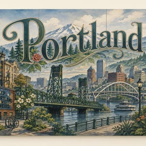 Könnte beinhalten: Ein rechteckiger Wandkunstdruck mit einer detaillierten Illustration der Skyline von Portland. Das Bild zeigt die Broadway Bridge, einen Fluss, städtische Gebäude und einen Berg im Hintergrund. Der Text umfasst Portland, Old Town, Keep Portland Weird und PDX.