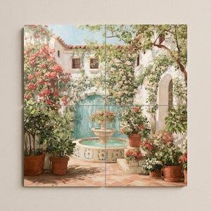 Spanish Courtyard Tile Mural | Mediterranean Patio Decor | Floral Wall Art | Fountain and Ivy Scene | Handcrafted Ceramic Accent