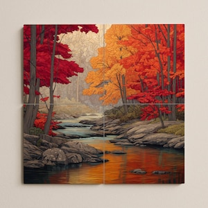 Puede incluir: Una obra de arte de cuatro paneles que representa un paisaje otoñal. La escena presenta un río que fluye a través de un bosque con árboles que muestran un follaje rojo y naranja vibrante. El agua refleja los colores de los árboles y el cielo, creando una escena cálida.