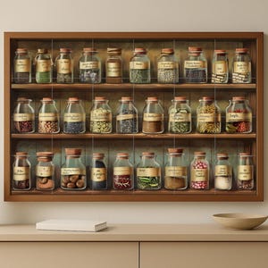 May include: A wooden framed print featuring a collection of glass jars filled with various spices and herbs. The jars are arranged on shelves, each labeled with a handwritten style label. The overall color palette is warm, with browns and greens.