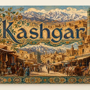 May include: A rectangular wall art print featuring a detailed illustration of a bustling marketplace in Kashgar. The scene includes tan buildings, a blue domed tower, and snow-capped mountains. The word Kashgar is written in large blue letters.