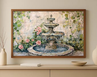 Spanish courtyard mural • Sevilla fountain tile wall art • Córdoba rose decor • Andalusian garden panel • Ivy ceramic • Granada patio charm