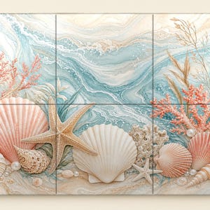 Seashell Coastal Ceramic Tile Mural | Shells, Starfish and Coral in Aqua