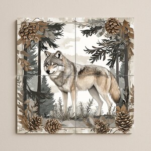May include: A four-panel artwork featuring a detailed illustration of a gray wolf standing in a forest setting. The artwork includes pine cones, trees, and foliage in shades of brown, gray, and white, creating a naturalistic scene.