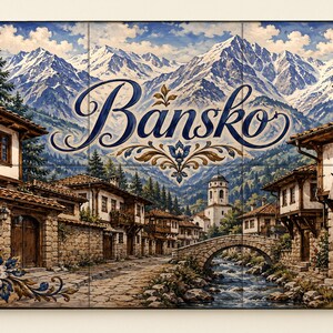 Peut inclure: Une décoration murale rectangulaire illustrant la ville de Bansko en Bulgarie. L'image montre des bâtiments en pierre, un pont en pierre au-dessus d'un ruisseau et des montagnes enneigées. Le mot Bansko est écrit en lettres bleues.
