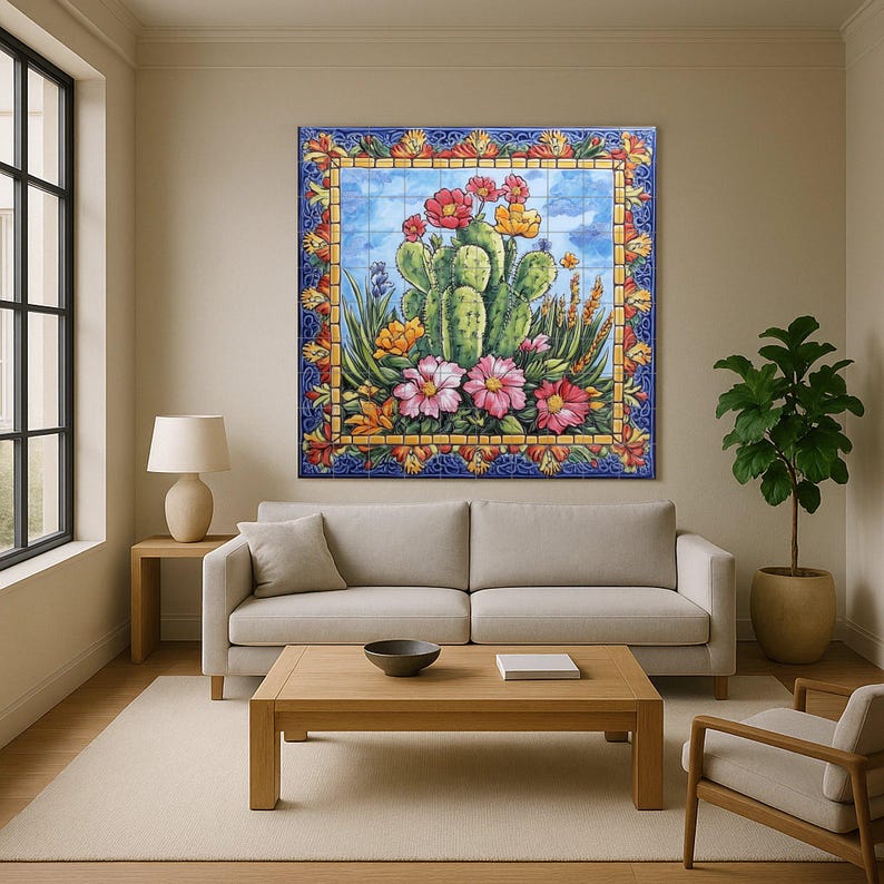 Mexican Cactus Tile Mural | Colorful Desert Floral Wall Art | Vibrant ...
