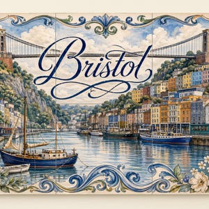 May include: A decorative tile set featuring a scenic view of Bristol, with the Clifton Suspension Bridge and colorful buildings. The word "Bristol" is written in elegant script. The artwork includes boats, water, and floral border.