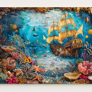 Ceramic mural of a sunken wooden ship surrounded by gold coins, vibrant coral reef, tropical fish, and rich marine life in deep sea colors.