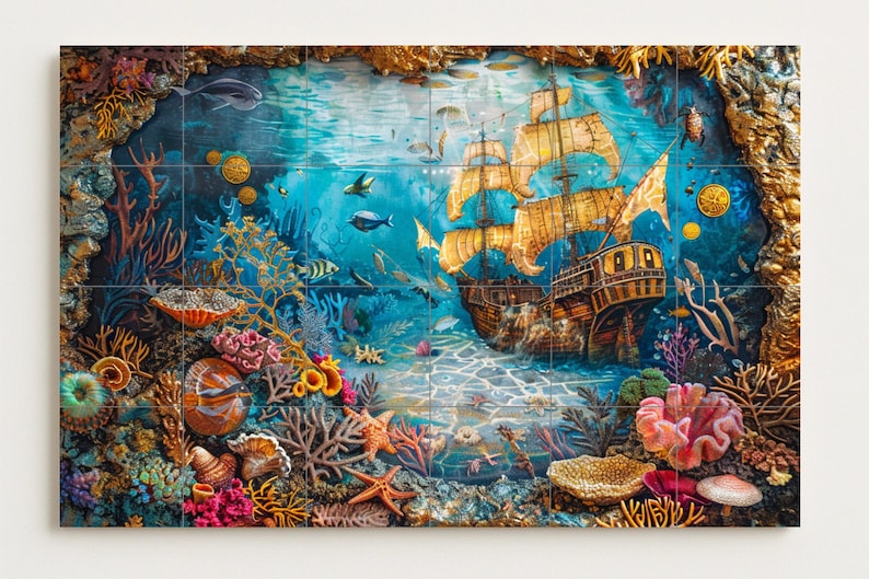 Ceramic mural of a sunken wooden ship surrounded by gold coins, vibrant coral reef, tropical fish, and rich marine life in deep sea colors.