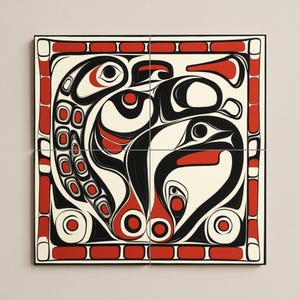 Può includere: Un'opera d'arte a quattro pannelli con un design stilizzato in nero, rosso e crema. L'opera presenta forme organiche e linee audaci, incorniciate da un bordo rosso. Lo stile ricorda l'arte indigena.