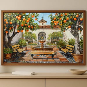 Spanish courtyard mural • Citrus patio tile wall art • Mediterranean fountain decor • Moorish garden ceramic panel • Seville tiles scene