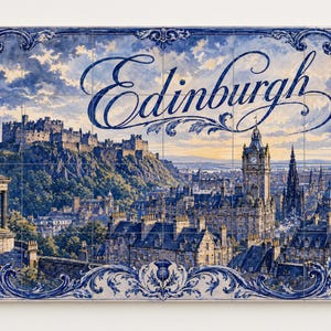 May include: A decorative tile panel featuring a detailed illustration of Edinburgh, Scotland. The artwork showcases Edinburgh Castle, a clock tower, and other city buildings under a cloudy sky. The word "Edinburgh" is written in elegant script.
