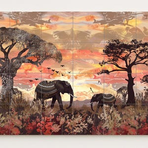 May include: A decorative wall art piece featuring an African savanna scene. Two elephants walk through the landscape, with trees and birds silhouetted against a sunset sky. The artwork is composed of multiple tiles.