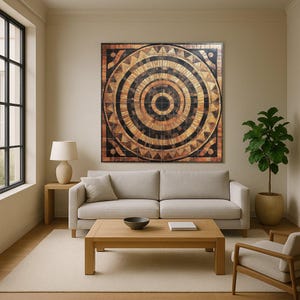 May include: A large, square wall art piece with a geometric design in brown, black, and tan hues. The artwork features concentric circles and triangular patterns. The piece is displayed above a light-coloured sofa in a modern living room setting.