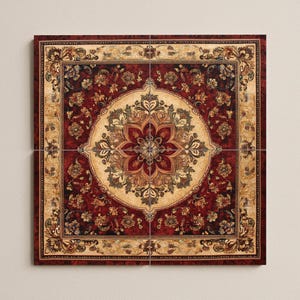 May include: Four-piece set of decorative square tiles featuring a detailed floral rug design. The tiles showcase a central medallion with a beige background and a red floral pattern. The outer border is a deep red with floral accents.