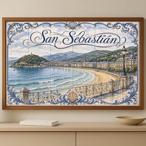 May include: A framed tile artwork depicting the San Sebastián coastline. The artwork features a beach, ocean, and buildings, with the city name in elegant script. The frame is brown, and the tiles have a blue and white decorative border.