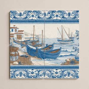 Mediterranean Fishing Boats Tile Mural | Coastal Wall Art | Blue Ceramic Tiles | Traditional Seaside Decor | Handcrafted Nautical Accent