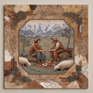Può includere: Un murale decorativo su piastrelle raffigurante una scena pastorale. Due figure in abiti rustici conversano su un'altura erbosa, con pecore che pascolano nelle vicinanze. Lo sfondo presenta una catena montuosa e un bordo dettagliato con elementi floreali e fogliari.