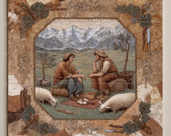 Mural de azulejos de pastores alpinos: mosaico de cerámica de pared con escena montañosa para salpicadero de cocina rústica o decoración de entrada campestre.