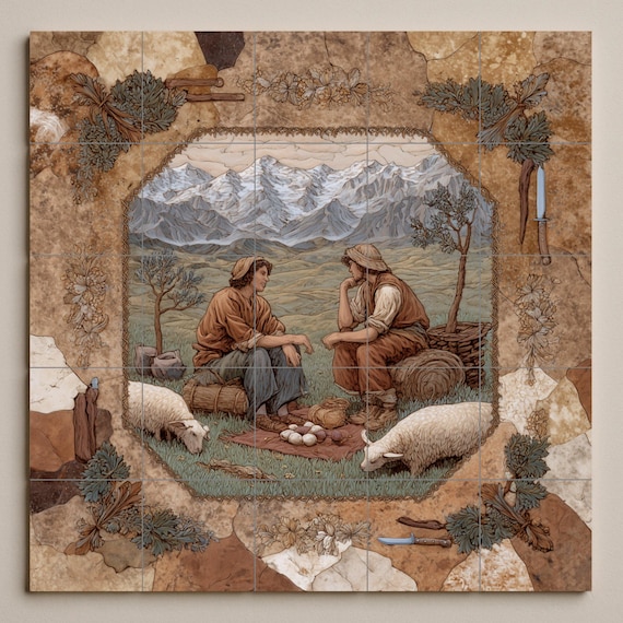 Alpine Shepherds Tile Mural – Pastoral Ceramic Wall Mosaic With