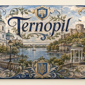 May include: A rectangular ceramic tile mural featuring a detailed landscape painting of Ternopil, Ukraine. The scene includes a lake, a church, a castle, and a gazebo, framed by ornate blue and gold scrollwork with the text Ternopil in the center.