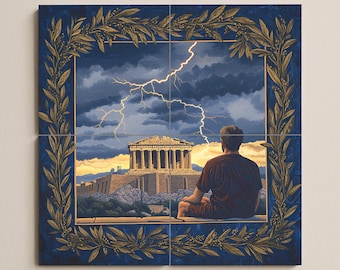 Grecki ceramiczny mural z Partenonu – burzliwa scena z Akropolu z obramowaniem z wieńcem oliwnym, sztuka ścienna dziedzictwa helleńskiego, mitologia klasyczna Aten