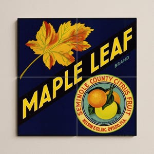 Puede incluir: Impresión de estilo vintage en cuatro baldosas. El diseño presenta una gran hoja de arce amarilla y naranja, las palabras "MAPLE LEAF BRAND" en amarillo y un emblema circular con naranjas y el texto "SEMINOLE COUNTY CITRUS FRUIT".