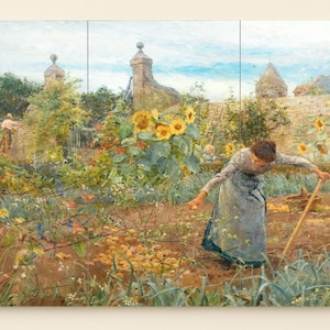 May include: A triptych painting depicts a sunny garden scene. A woman in a blue dress tends to a vegetable patch with a hoe. Sunflowers and other flowers bloom. A man works in the background. The sky is blue with fluffy clouds.