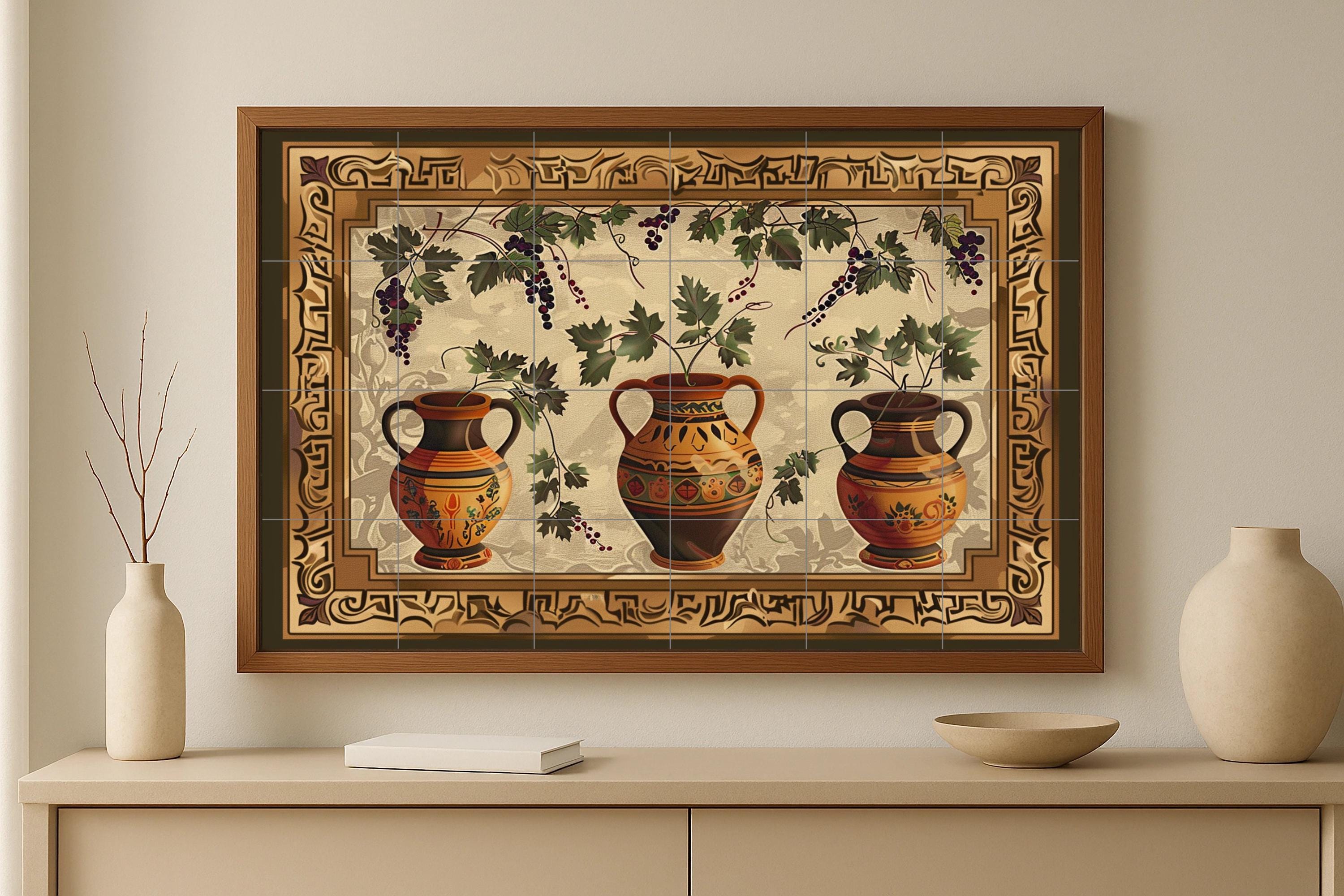 Mediterranean Amphora Tile Mural • Rustic Terracotta Pottery With Grapes • Tuscan Ceramic Wall Panel in Vintage Wine Decor Style - Etsy