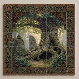 Puede incluir: Un mural de azulejos cuadrado que representa una escena de bosque místico. Un árbol grande y antiguo domina el centro, con raíces cubiertas de musgo y exuberante follaje. Dos piedras erguidas con inscripciones son visibles. El borde presenta intrincados nudos celtas.