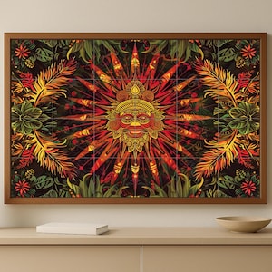 Könnte beinhalten: Ein gerahmtes Kunstwerk mit einem lebendigen Sonnendesign mit einem Gesicht, das rote und orangefarbene Strahlen ausstrahlt. Das Kunstwerk ist von üppigem grünen und gelben Laub umgeben, das einen auffälligen Kontrast zum dunklen Hintergrund bildet. Das Kunstwerk wird auf einer hellen Oberfläche ausgestellt.