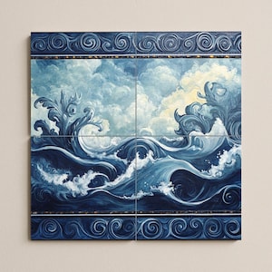 Murale in ceramica raffigurante onde oceaniche con mare vorticoso e nuvole, piastrelle artistiche nautiche con bordo ornamentale, decorazioni costiere fatte a mano