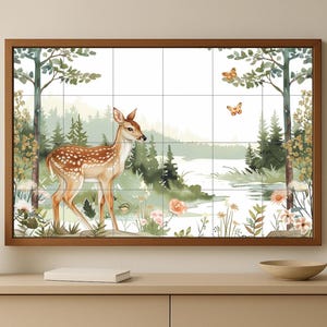 Deer in Forest Ceramic Mural – Woodland Fawn with Butterflies & Flowers | Nursery or Cottage Wall Art Made in Spain