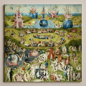 May include: A large, multi-panel artwork depicting a surreal landscape with numerous figures and fantastical elements. The painting features a vibrant color palette, with shades of green, blue, pink, and brown. The artwork is reminiscent of Hieronymus Bosch's style.