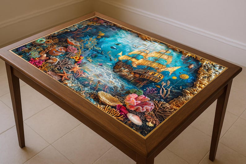 May include: A rectangular wooden coffee table with a detailed underwater scene on the tabletop. The scene features a sunken ship, coral, and marine life in shades of blue, gold, and red. The table has a dark brown frame and legs.