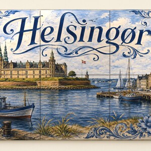 May include: A rectangular ceramic tile mural featuring a painted coastal scene of Helsingør, Denmark. The image displays a large castle, a harbor with boats, and a town skyline under a cloudy sky, framed by blue and white floral scrollwork.