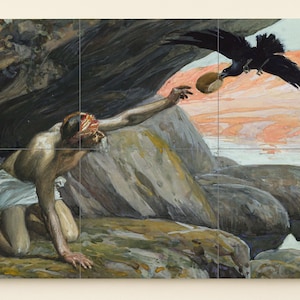 Peut inclure: Peinture d'une scène biblique. Un homme agenouillé sur des rochers tend la main vers un objet rond porté par un corbeau. L'arrière-plan montre un coucher de soleil et d'autres corbeaux en vol.