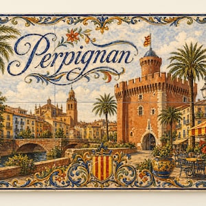 May include: A decorative tile featuring a detailed illustration of Perpignan, France. The artwork depicts a cityscape with a castle, bridge, and palm trees, framed by a floral border. The word "Perpignan" is written in elegant script.