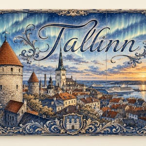 May include: A rectangular wall art piece featuring a detailed illustration of the Tallinn cityscape with stone towers, red-roofed buildings, a harbor with ships, and a sunset sky with aurora borealis. The word Tallinn is written in script.