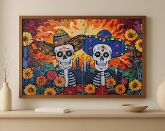 Day of the Dead Mural – Colorful Mexican Tile Art with Catrinas, Flowers & Candles | Día de los Muertos Wall Decor from Mexico