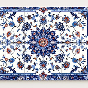 Hand-painted ceramic mural in Persian blue tones featuring a symmetrical Isfahan-style floral mandala with garden scrolls and arabesque borders.