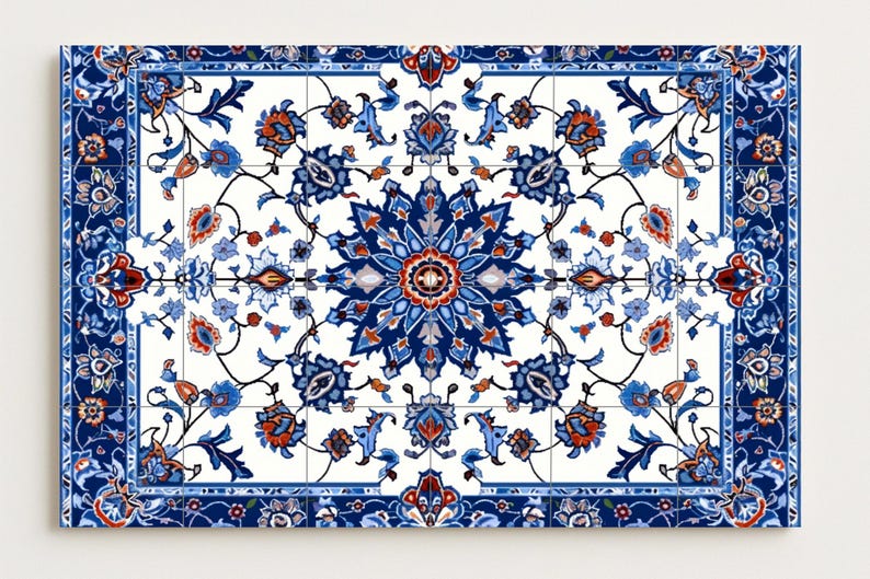 Hand-painted ceramic mural in Persian blue tones featuring a symmetrical Isfahan-style floral mandala with garden scrolls and arabesque borders.