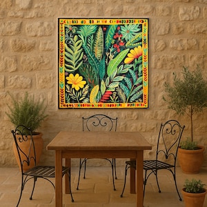 May include: A framed botanical print featuring a vibrant array of tropical leaves and flowers in shades of green, yellow, and red against a black background. The artwork is bordered by a decorative yellow and multi-colored frame. The print hangs on a textured stone wall.