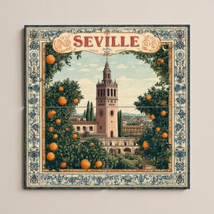 Seville Tile Mural | Giralda Tower and Orange Trees | Spanish Wall Art | Mediterranean Ceramic Decor | Handcrafted Spanish Accent