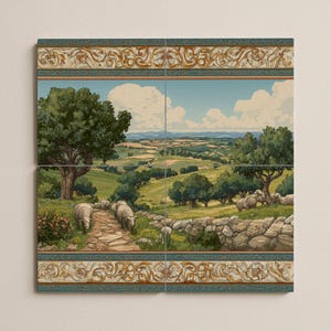 Può includere: Una scena di paesaggio pastorale con un sentiero di pietra, pecore e verdi colline sotto un cielo blu nuvoloso. L'opera è divisa in quattro pannelli con bordi decorati in oro, turchese e marrone, evocando serenità e pace.