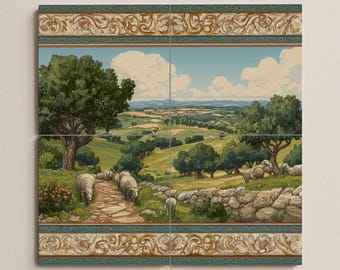 Pastoral Landscape Tile Mural | Countryside Wall Art | Mediterranean Decor | Rolling Hills Scene | Handmade Ceramic Tile Accent