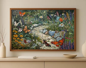 May include: A framed artwork depicting a vibrant garden scene. The painting features a stone path winding through colorful flowers and lush greenery. Butterflies with orange and black wings flutter among the blooms, adding a touch of whimsy to the artwork.